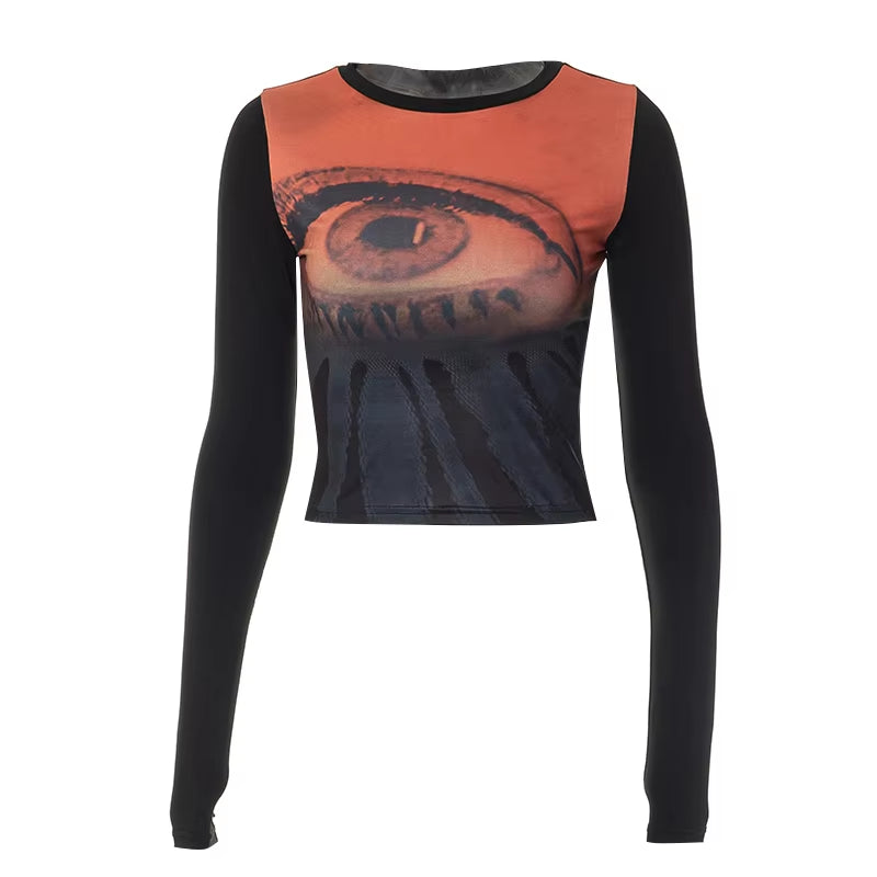 Goth Sexy Lace Mesh See through T-Shirts Aesthetic Graphic Long Sleeve Colorful Printed Crop Tops Women Summer Tees Streetwear