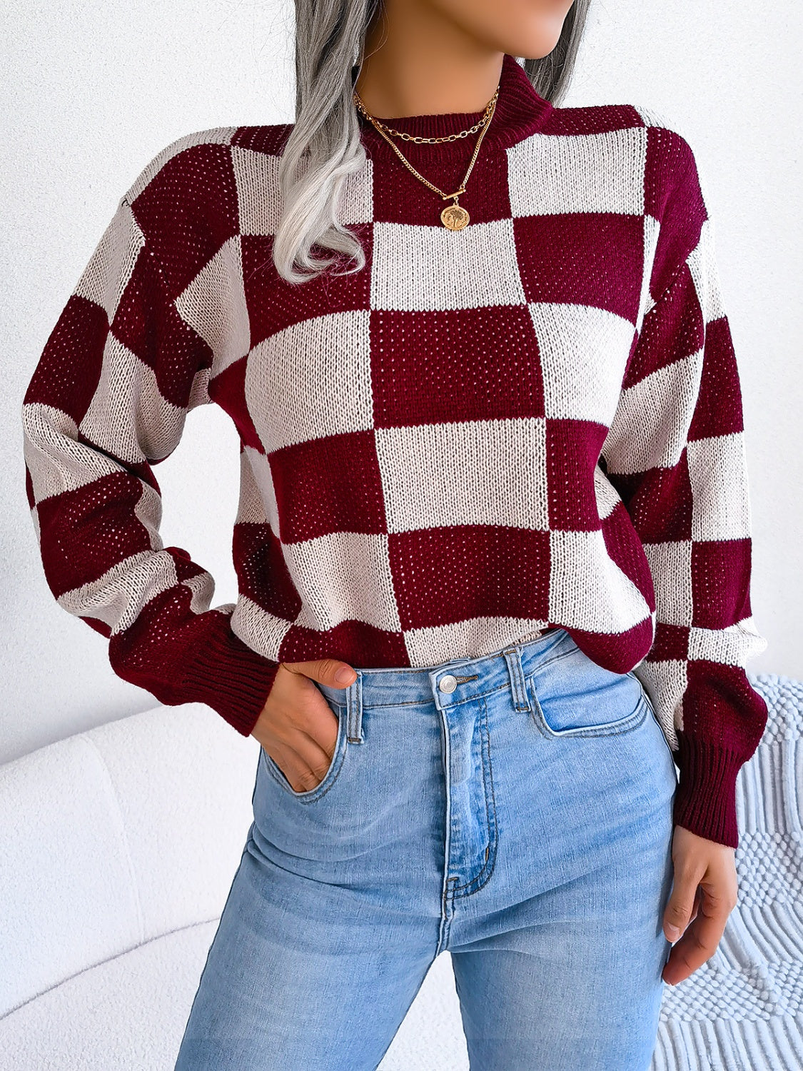 Women’s Checkered Long Sleeve Sweater