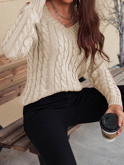 Honey Cable-Knit V-Neck Cold Shoulder Sweater.