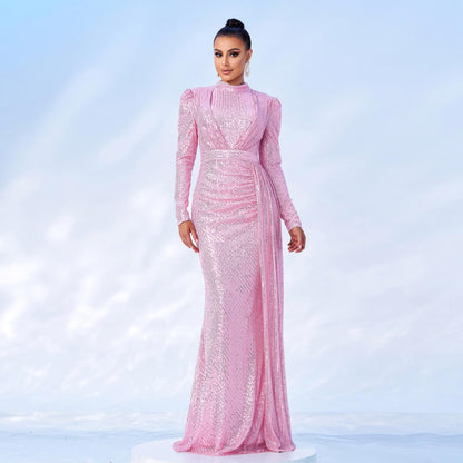 Long Sleeve Round Neck Sexy Slim Long Sequined Banquet Dress