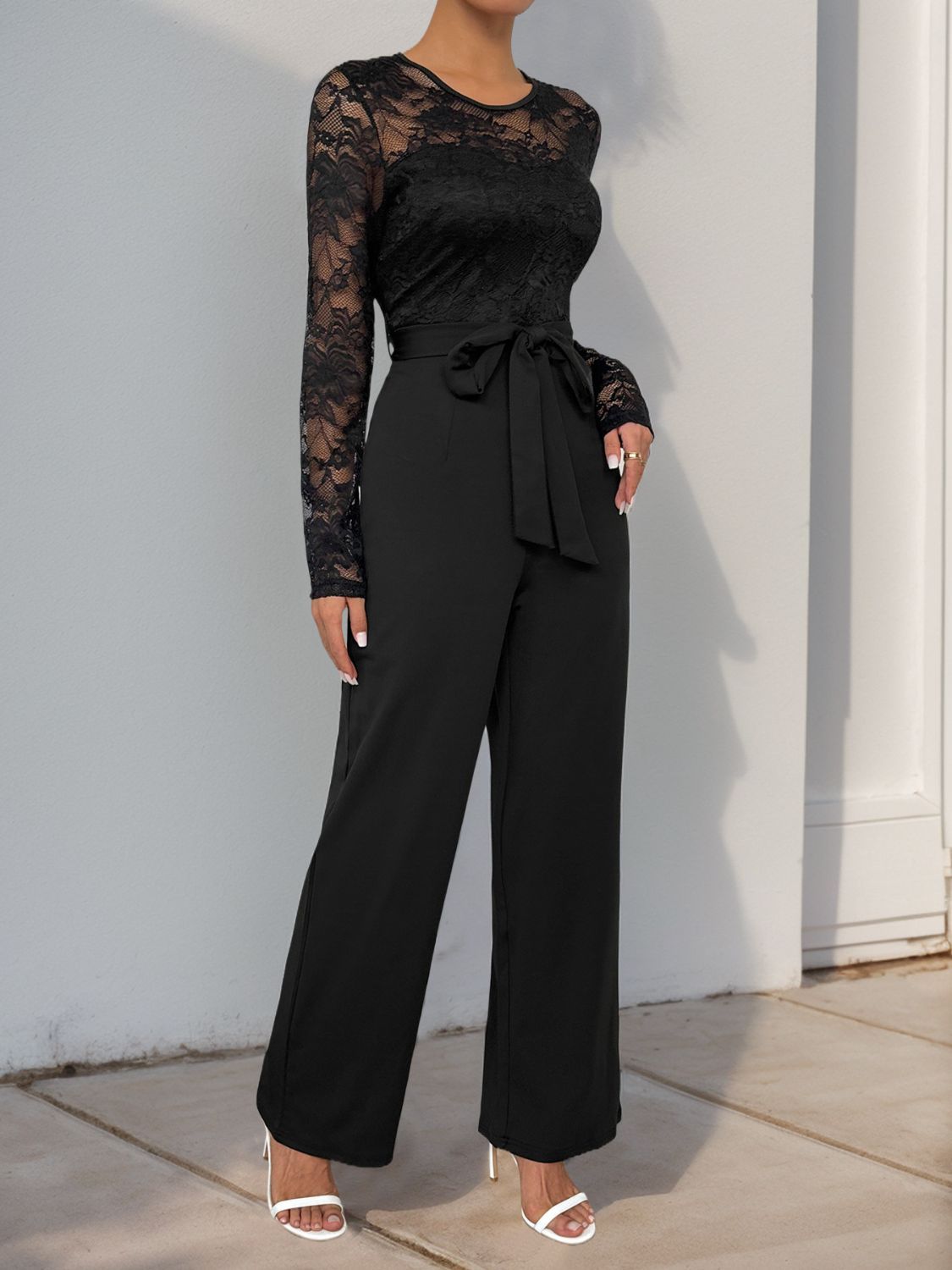 Women’s Lace Round Neck Long Sleeve Jumpsuit