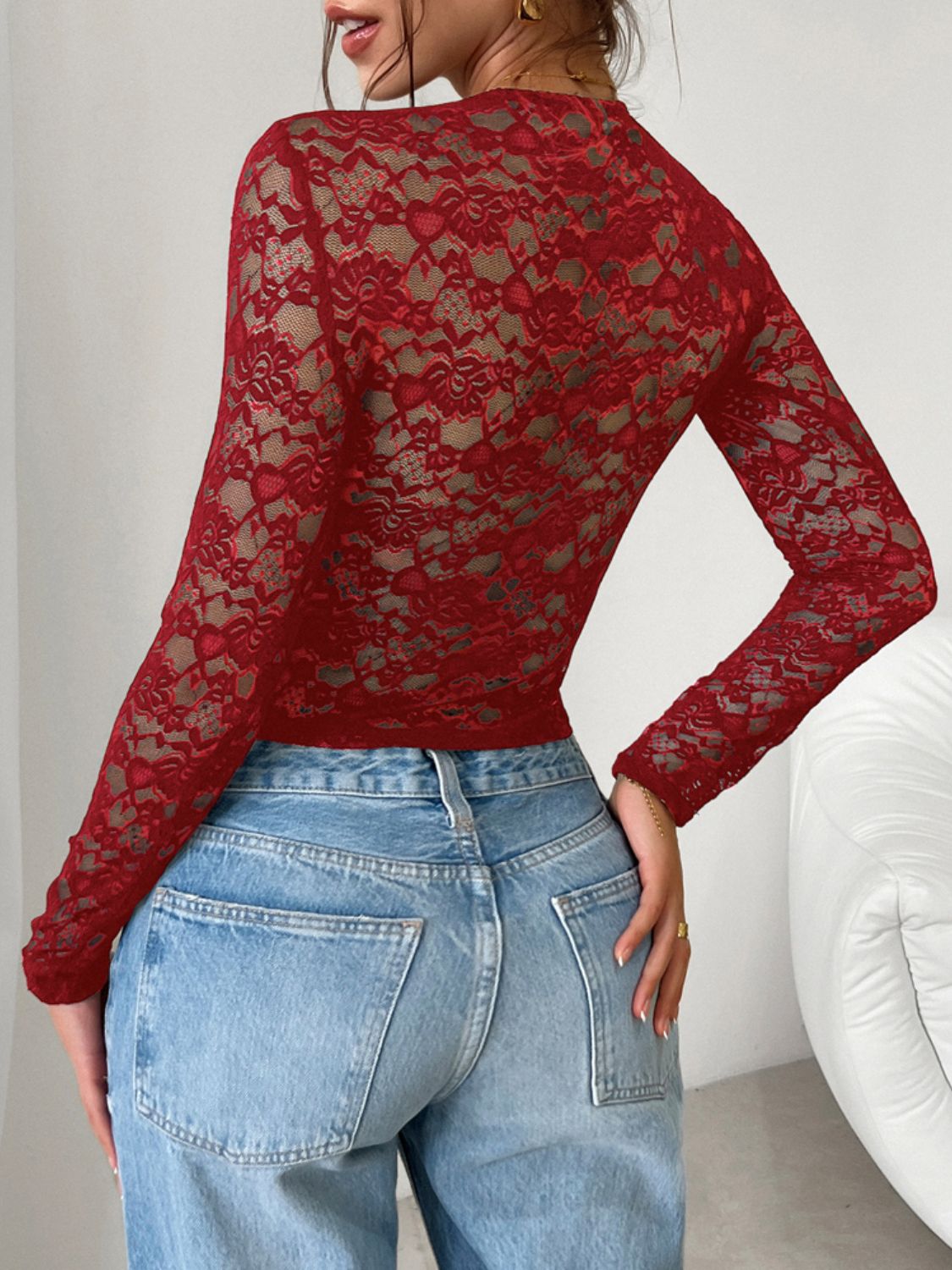 Scoop Neck Long Sleeve Lace Top