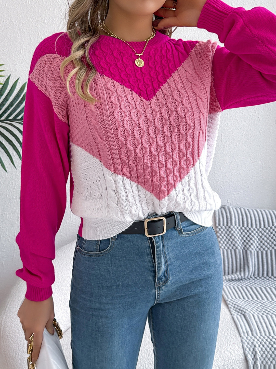 Contrast Round Neck Long Sleeve Sweater.