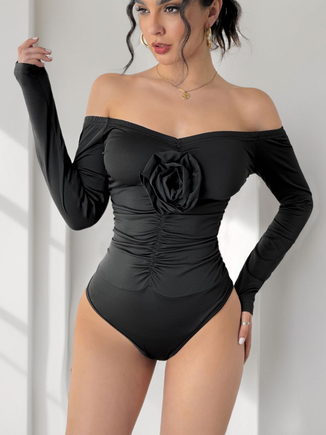 Women’s Ruched Flower Off-Shoulder Long Sleeve Bodysuit