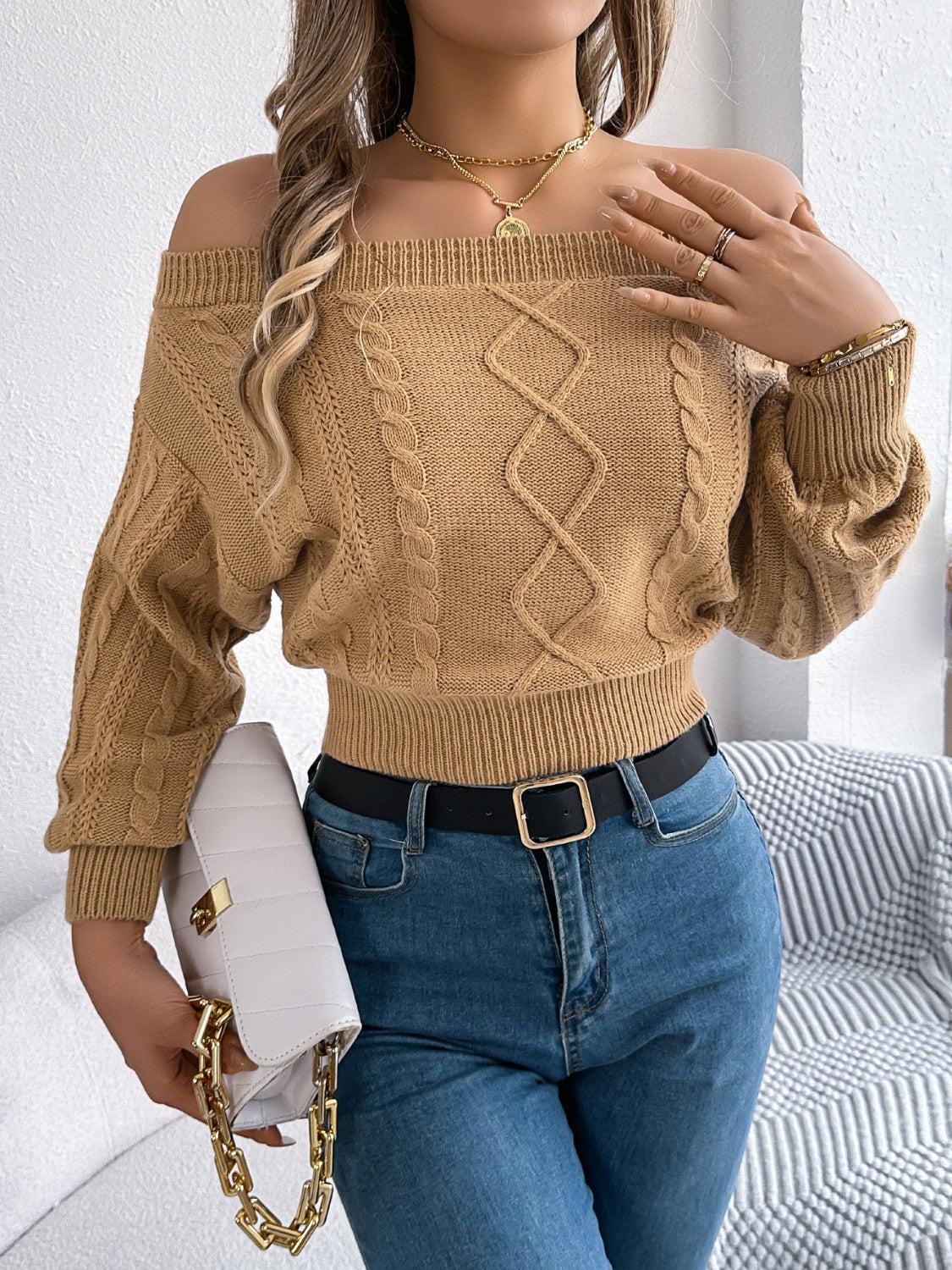 Off-Shoulder Long Sleeve Sweater.