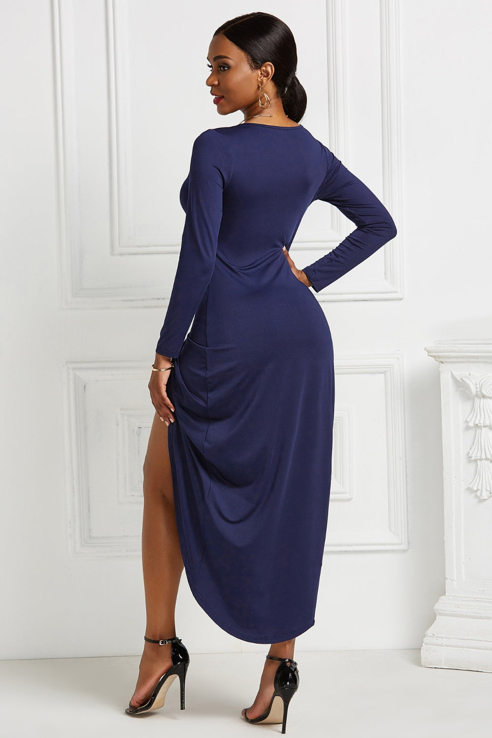 Women’s High-low Ruched Surplice Long Sleeve Dress.