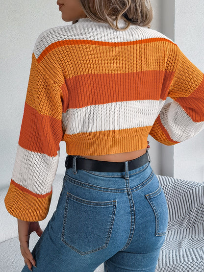 Women’s Color Block Round Neck Cropped Sweater