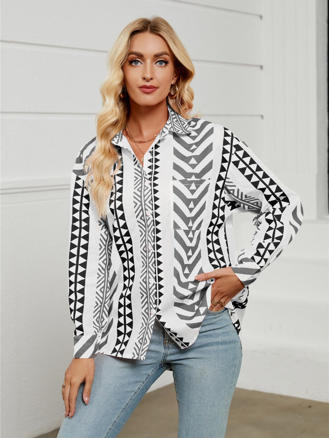 Women’s Geometric Collared Neck Long Sleeve Shirt