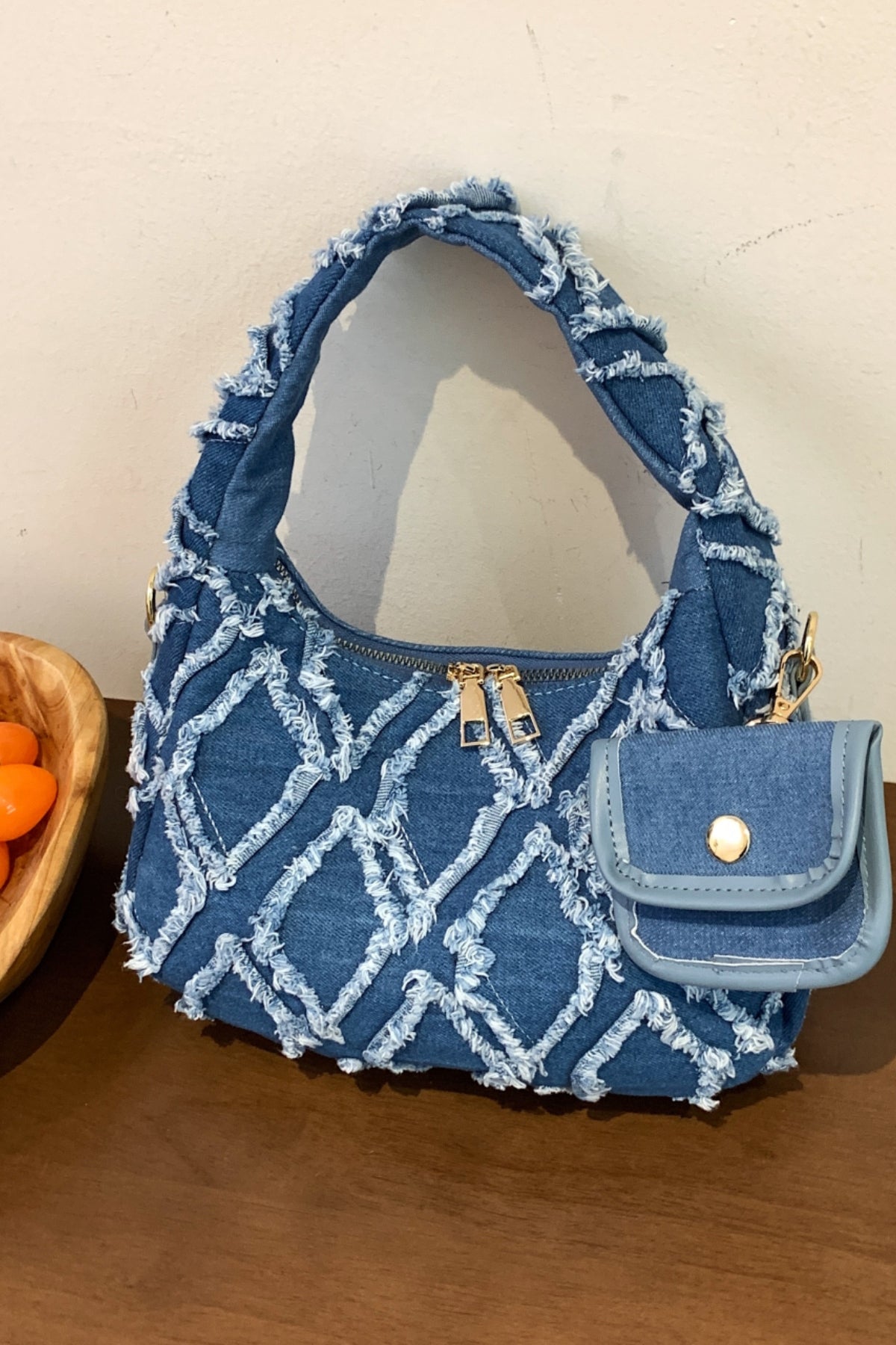 Raw Edge Denim Handbag with Pouch