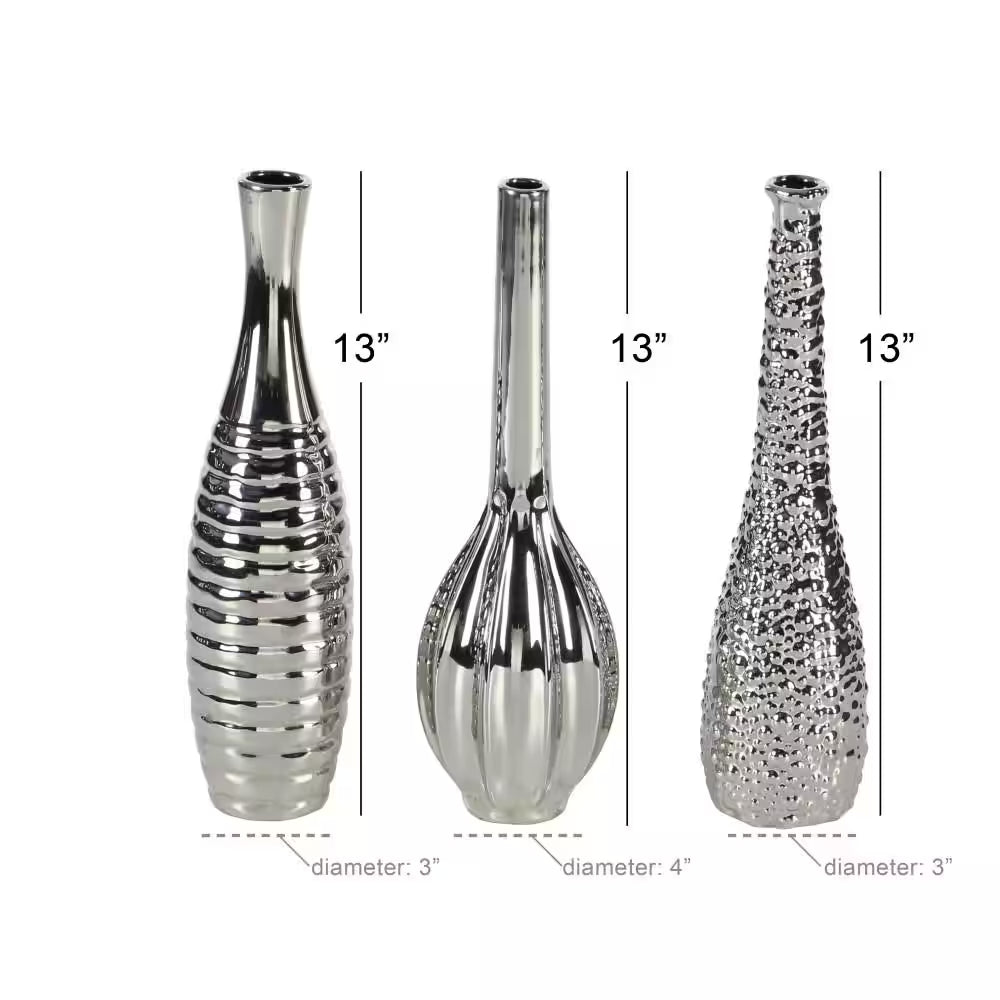 3 In., 12 In. Silver Slim Textured Bottleneck Ceramic Decorative Vase with Varying Patterns (Set of 3)