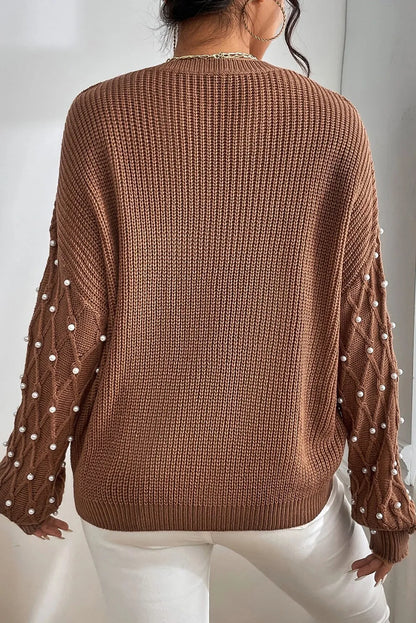 Pearl Detail Round Neck Long Sleeve Sweater.