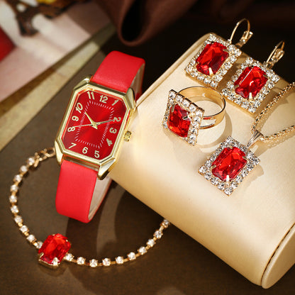 Women's Watch Square Necklace Earrings Ring Set