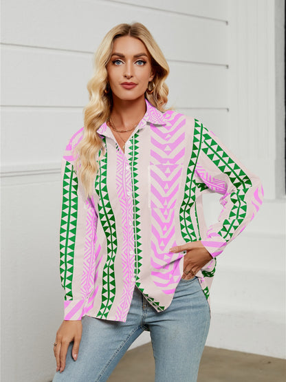 Women’s Geometric Collared Neck Long Sleeve Shirt