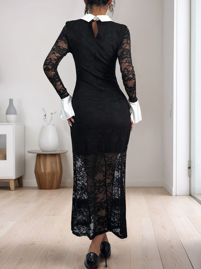 Lace Contrast Collared Neck Long Sleeve Midi Dress.