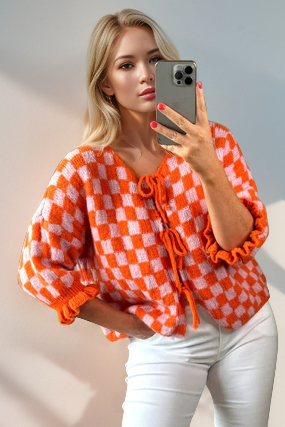 Women’s Checkered Dropped Shoulder Flounce Sleeve Cardigan