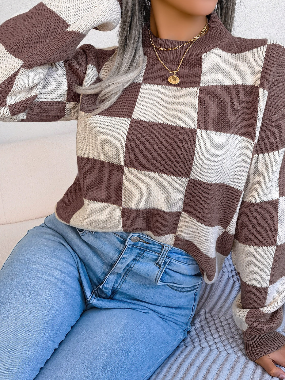 Women’s Checkered Long Sleeve Sweater