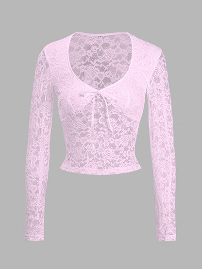 Scoop Neck Long Sleeve Lace Top