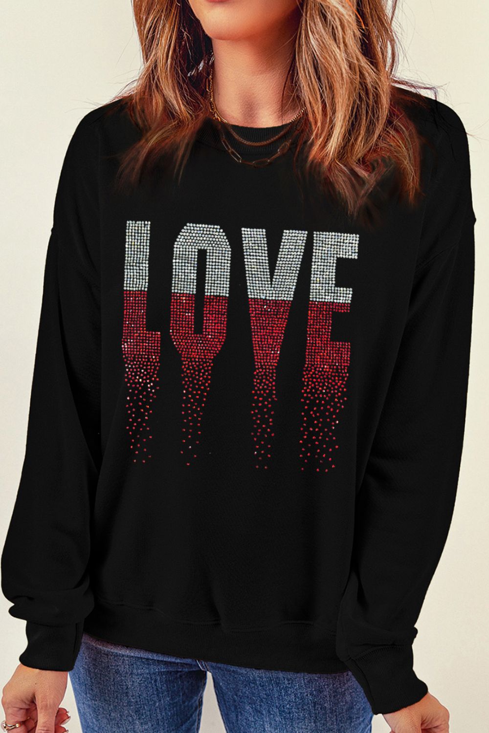 Rhinestone LOVE Round Neck Long Sleeve Sweatshirt