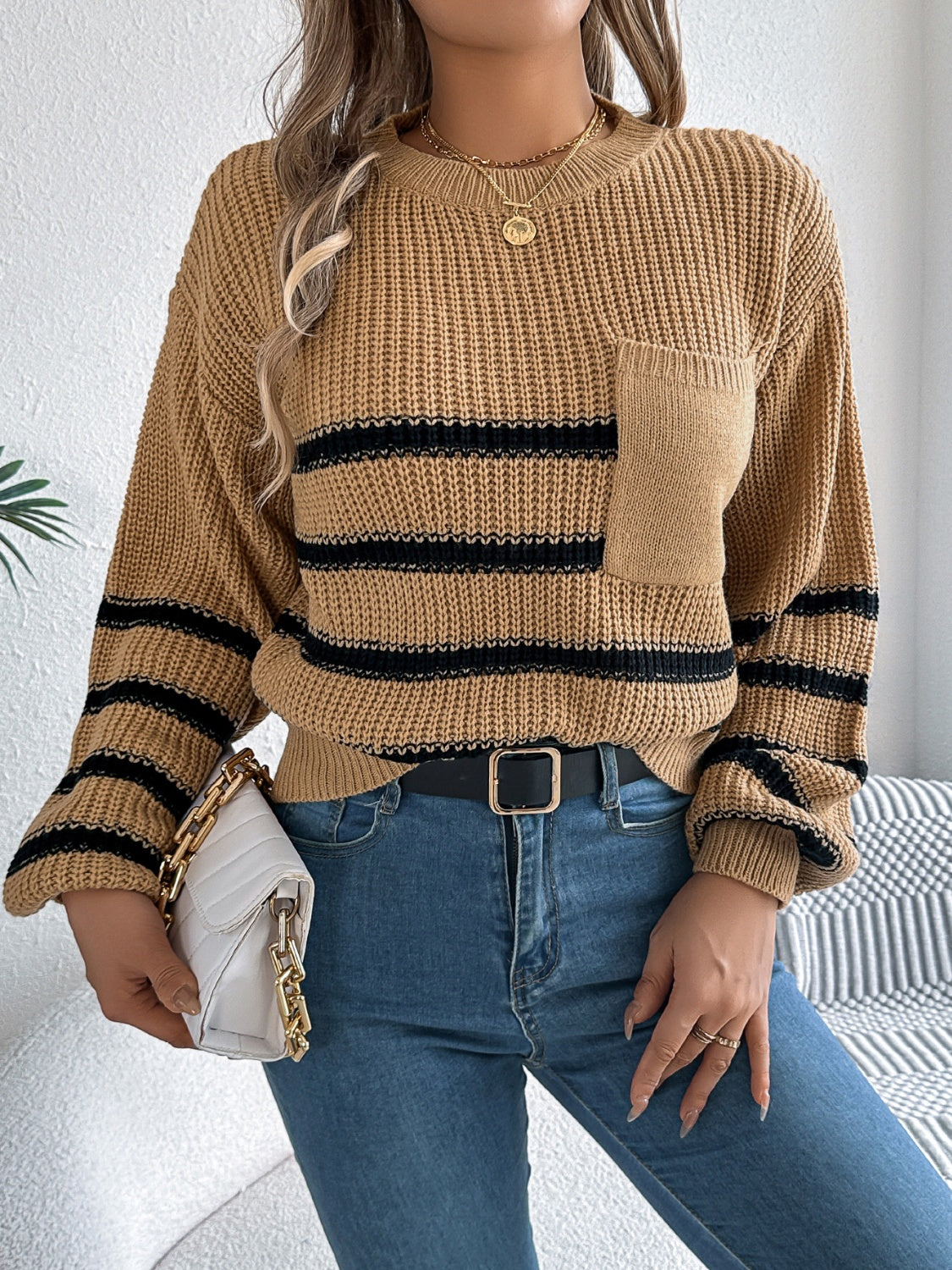 Women’s Striped Round Neck Long Sleeve Sweater