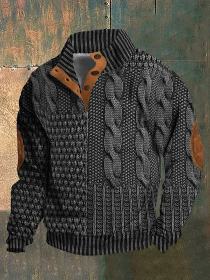 Digital Vintage Printed Stand Collar Button Sweater For Men