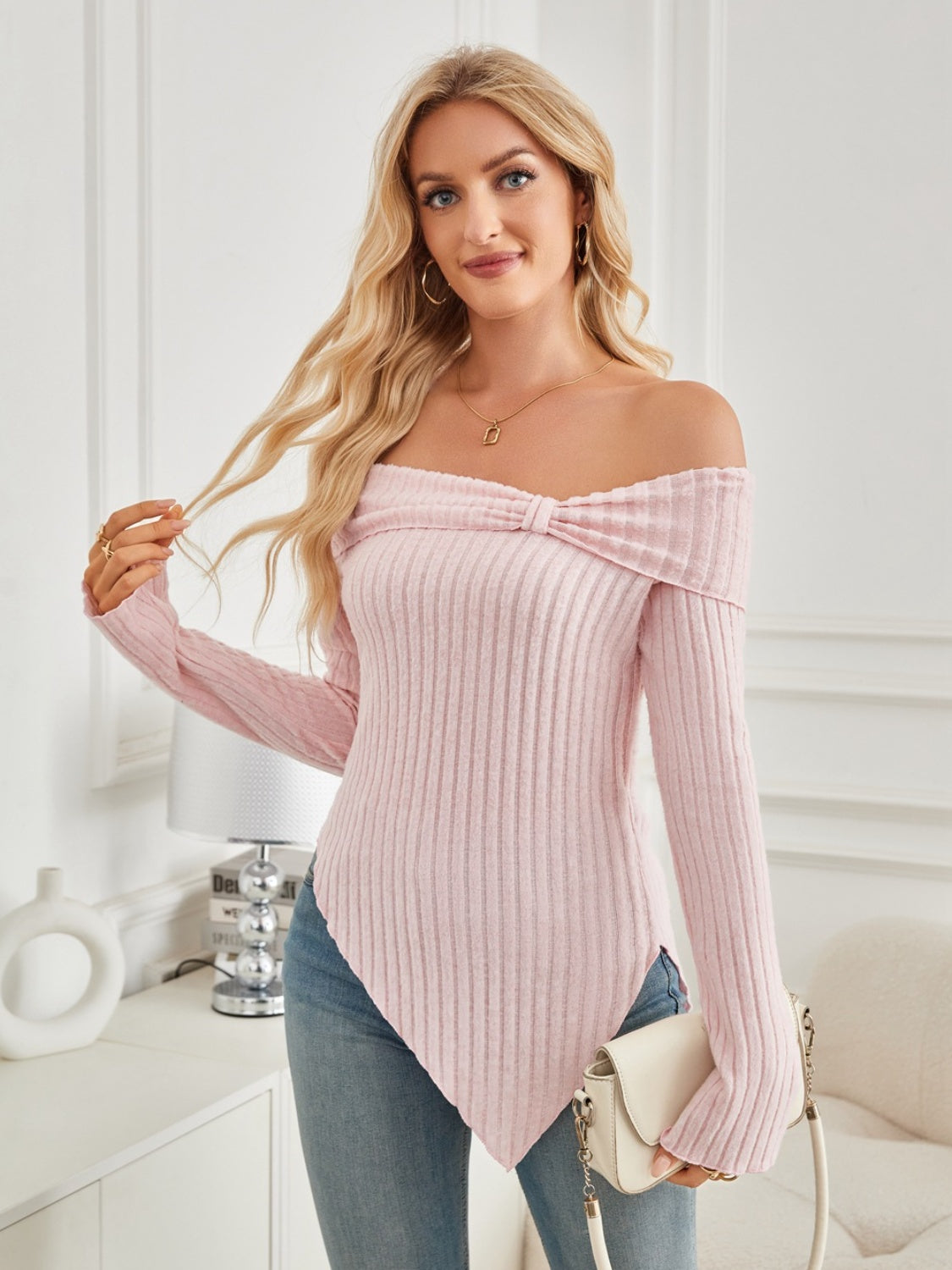 Ribbed Off-Shoulder Long Sleeve T-Shirt