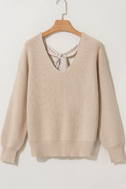 Tied Back V-Neck Long Sleeve Sweater