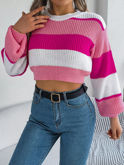 Women’s Color Block Round Neck Cropped Sweater