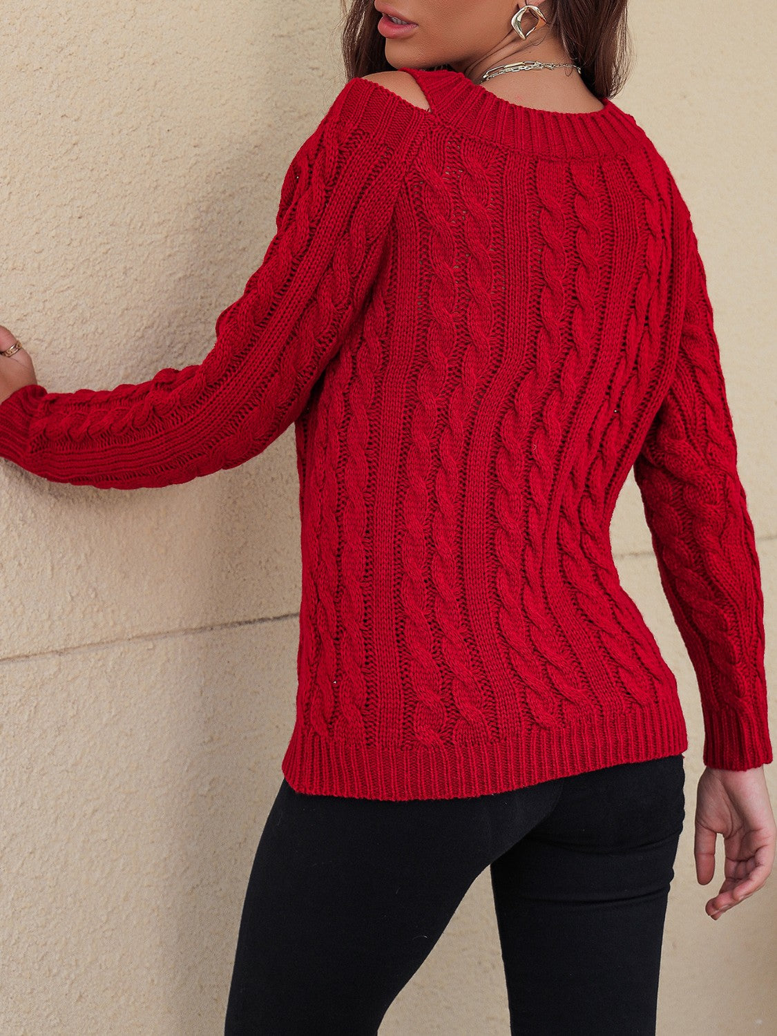 Honey Cable-Knit V-Neck Cold Shoulder Sweater.