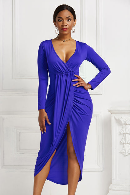 Women’s High-low Ruched Surplice Long Sleeve Dress.