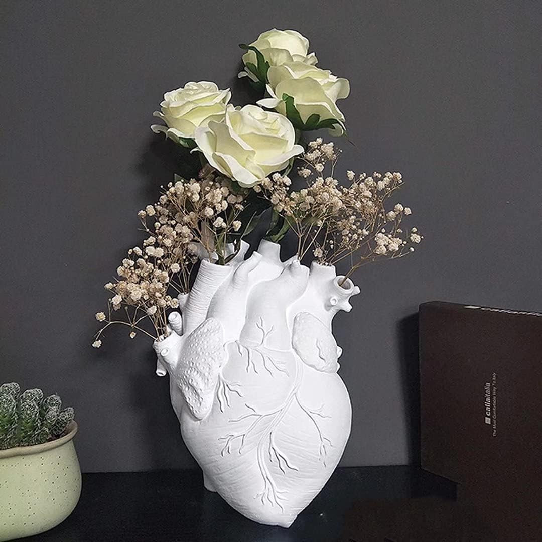 Anatomical Heart Vase for Flowers, Creative Resin Flower Pot Creative Heart Shaped Vase Countertop Desktop Ornament Table Desk Décor, White