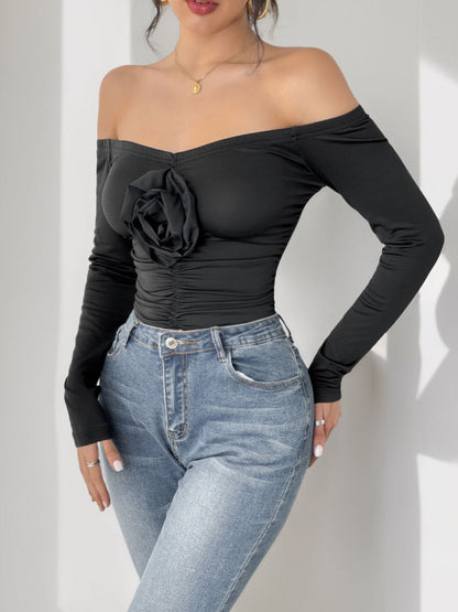 Women’s Ruched Flower Off-Shoulder Long Sleeve Bodysuit