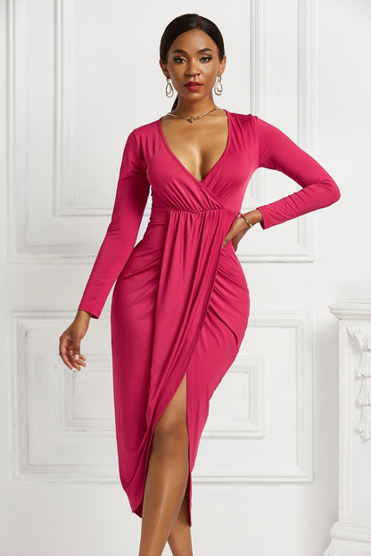 Women’s High-low Ruched Surplice Long Sleeve Dress.