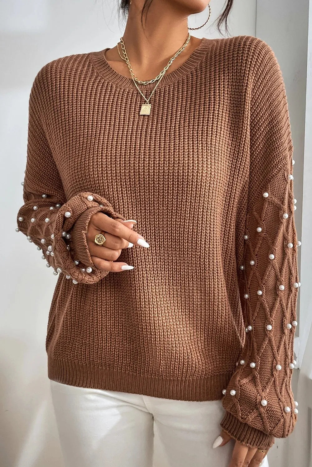 Pearl Detail Round Neck Long Sleeve Sweater.