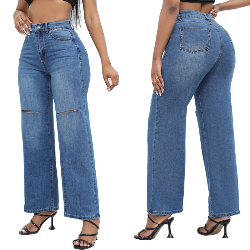 Women’s Elegant Ripped Wide-leg Jeans