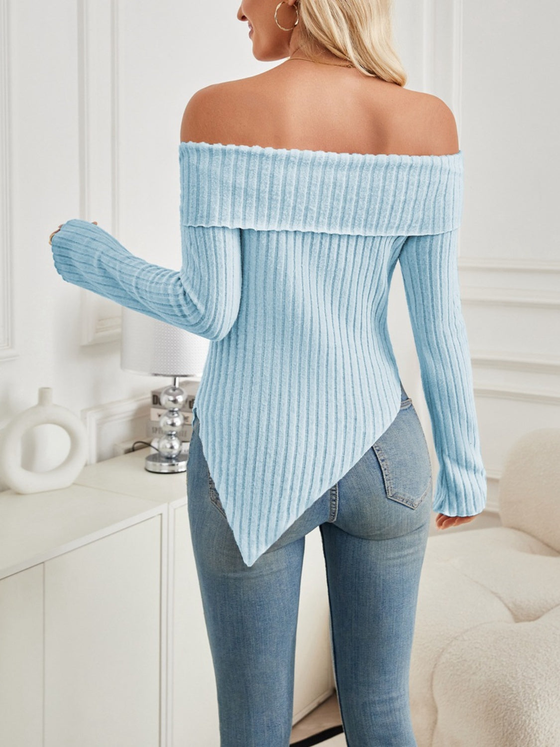 Ribbed Off-Shoulder Long Sleeve T-Shirt