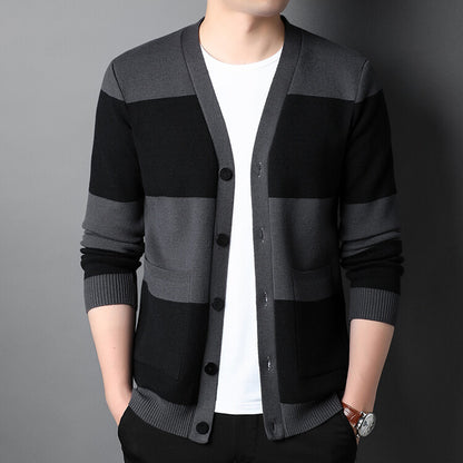 Men's Striped Cardigan Single-breasted Long Sleeve.