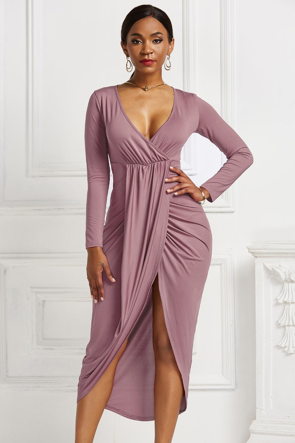 Women’s High-low Ruched Surplice Long Sleeve Dress.