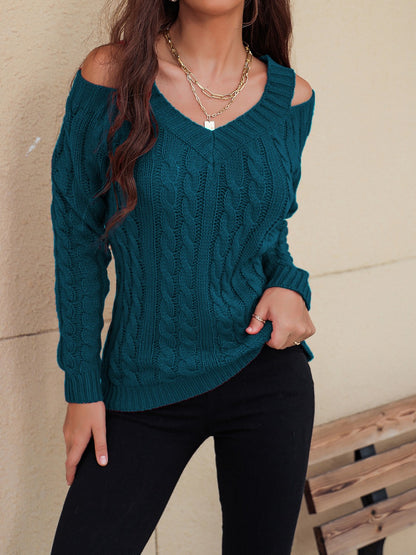 Honey Cable-Knit V-Neck Cold Shoulder Sweater.