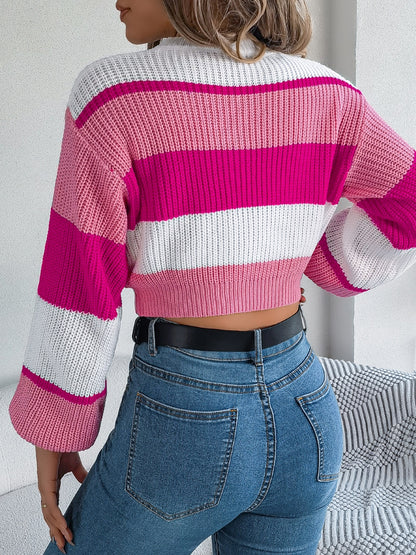 Women’s Color Block Round Neck Cropped Sweater