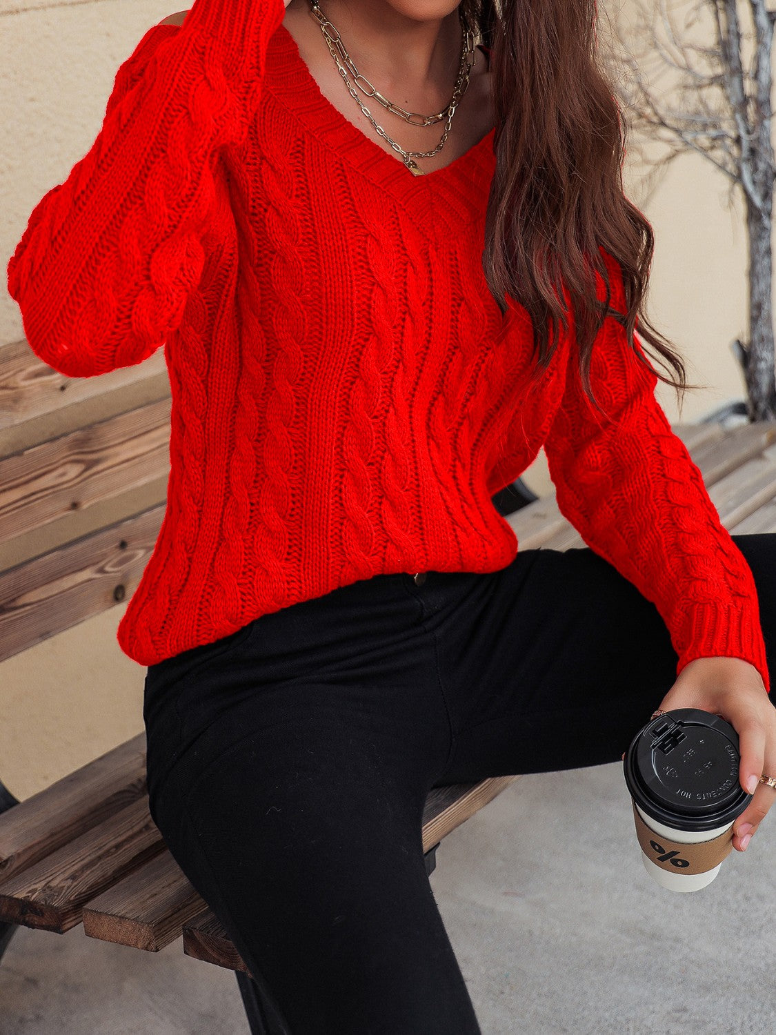 Honey Cable-Knit V-Neck Cold Shoulder Sweater.