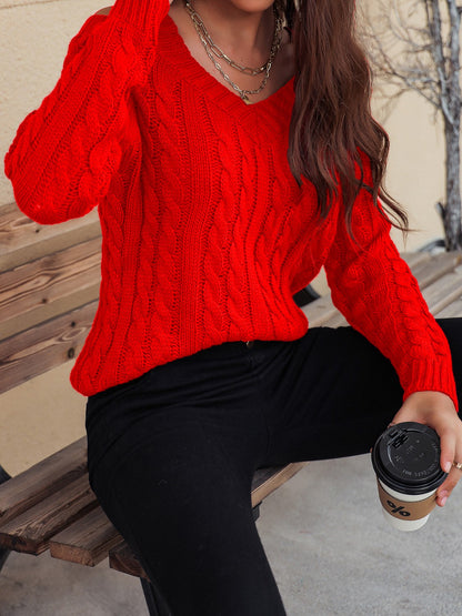 Honey Cable-Knit V-Neck Cold Shoulder Sweater.