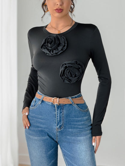 Women’s Flower Round Neck Long Sleeve Bodysuit