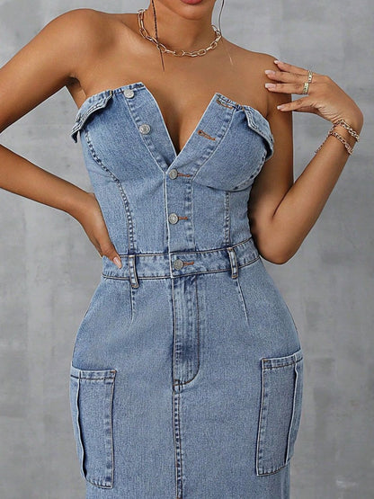 Women’s Slit Half Button Tube Denim Dress