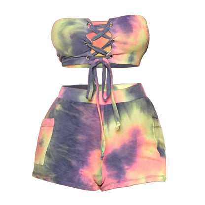 Tie-dye Printed Lace-up Tube Top /Shorts