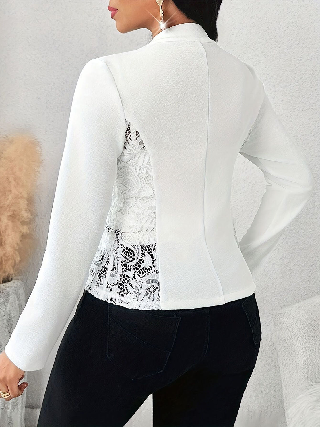 Lace Detail Open Front Long Sleeve Blazer.