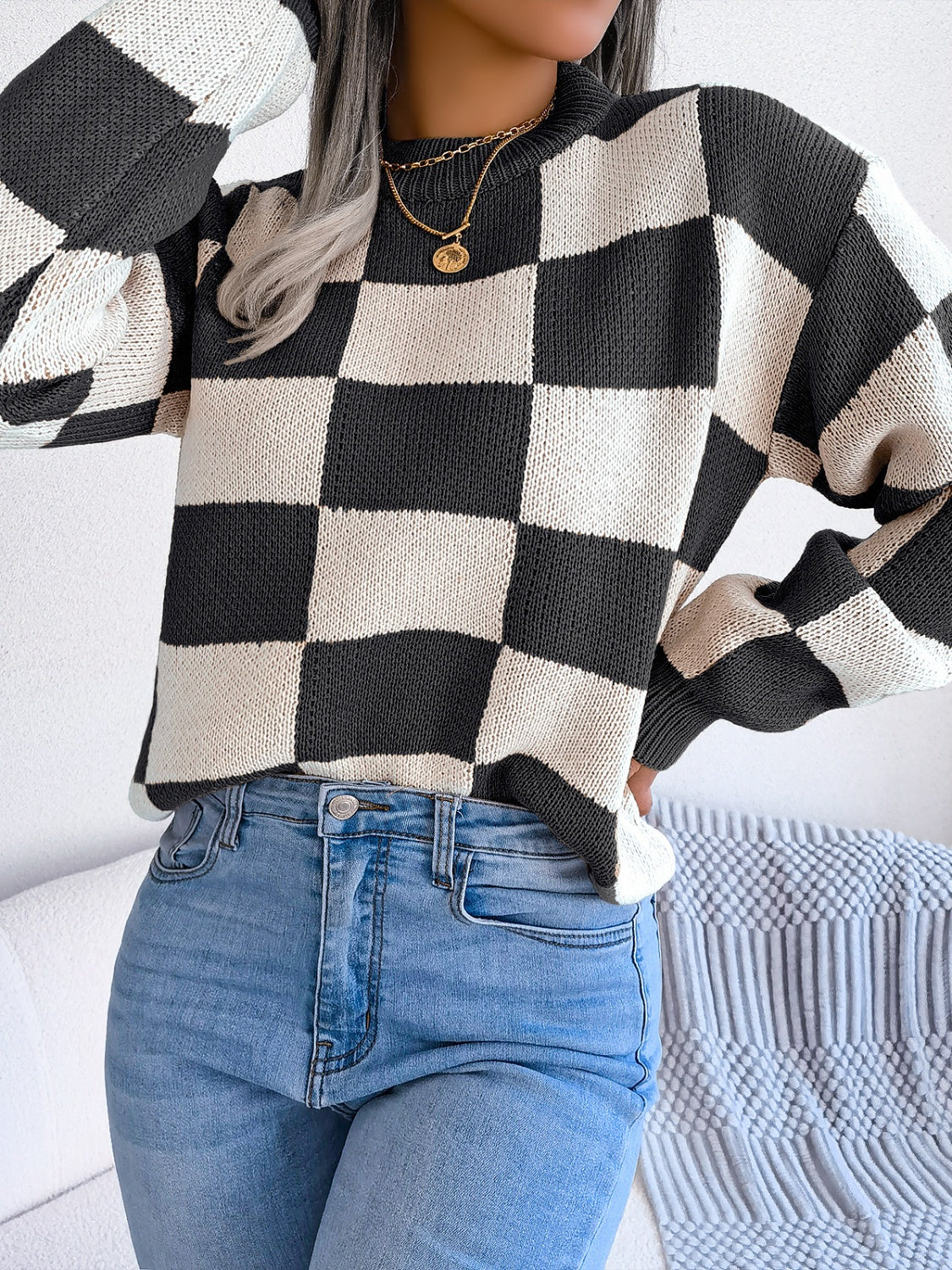 Women’s Checkered Long Sleeve Sweater