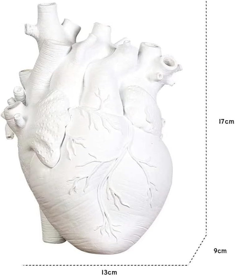 Anatomical Heart Vase for Flowers, Creative Resin Flower Pot Creative Heart Shaped Vase Countertop Desktop Ornament Table Desk Décor, White