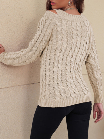 Honey Cable-Knit V-Neck Cold Shoulder Sweater.