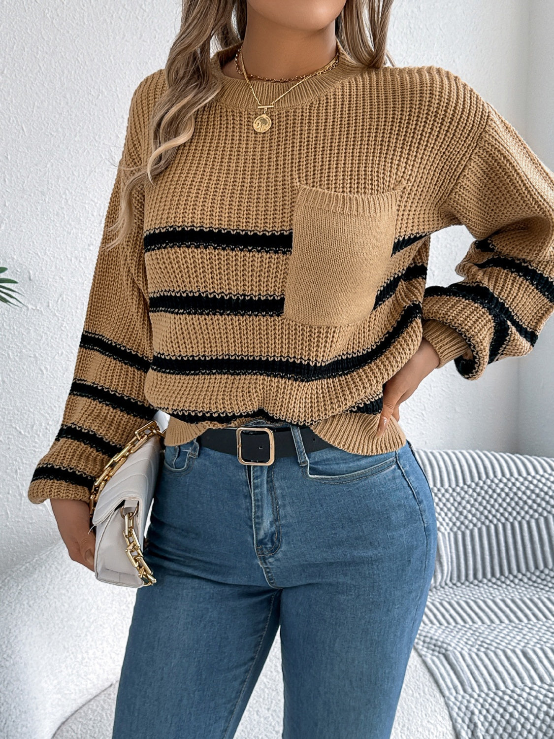 Women’s Striped Round Neck Long Sleeve Sweater