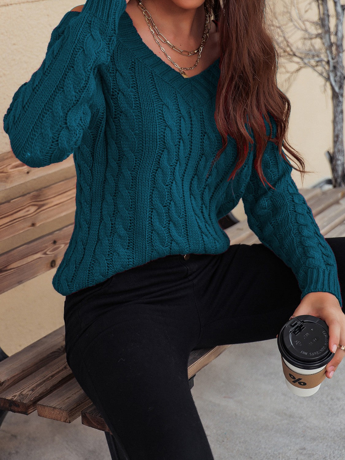 Honey Cable-Knit V-Neck Cold Shoulder Sweater.